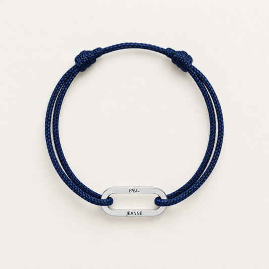Bracelet Lien Liora, cordon bleu marine, maillon gravé PAUL / JEANNE