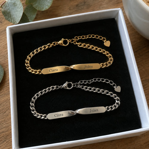 Bracelets duo Liora gravés Clara et Jules dans leur coffret